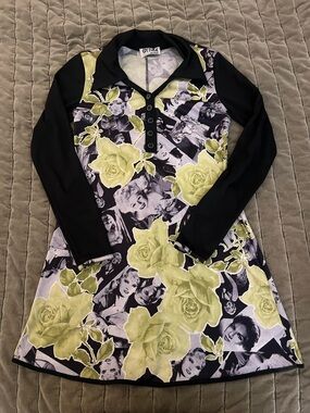 Long-Sleeve Polo Dress in Lime Floral and Black